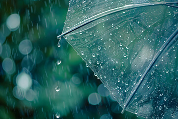 Wall Mural - close-up of an umbrella in the rain, with droplets flying around it and a blurred green background. 