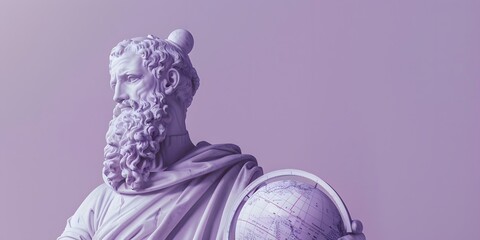 Wall Mural - A marble statue of an ancient astronomer, with a celestial globe and star chart, set against a pastel violet background