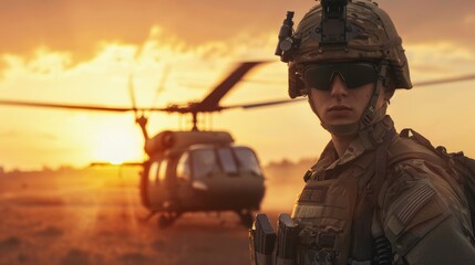 Canvas Print - Military soldier with a helicopter in the background.