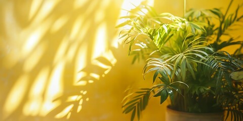 A potted indoor plant basking in sunlight against a bright yellow wall, creating a serene and vibrant atmosphere.