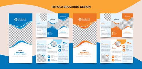 Business corporate trifold brochure design template with clean creative modern style concept in blue and orange colors