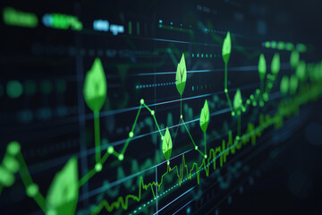 Digital representation of green energy growth with graphs, depicting sustainable environmental progress and investment trends.