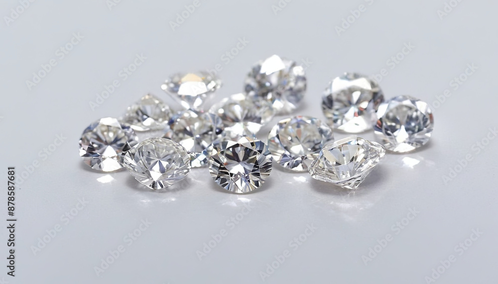 A collection of round cut diamonds are scattered on a white surface, reflecting light and showcasing their brilliance