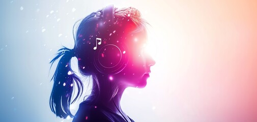 Aufkleber - A vibrant silhouette of a young woman wearing headphones, immersed in music with colorful light effects in the background.