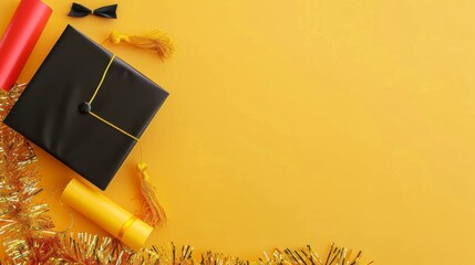 Flat lay composition with graduation hat, students diploma, gold tinsel on yellow background. Graduation party concep