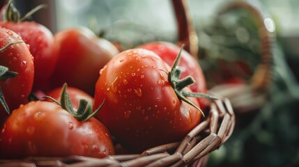 Wall Mural - Close-Up of Fresh Tomatoes in a Wicker Basket