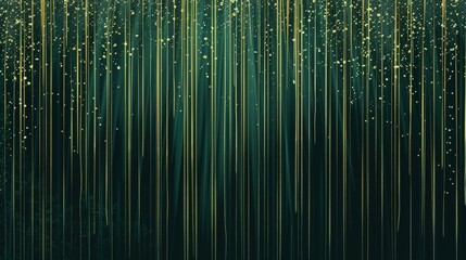Wall Mural - a dark forest green background with cascading gold glitter lines, resembling gentle waterfalls, idea