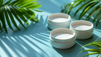 Wall Mural - White Cream Jars on Blue Background with Palm Leaves