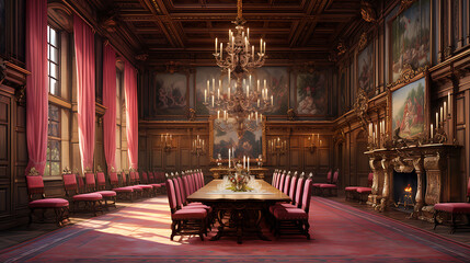 Grand opulent dining hall maroon red gold Baroque style luxury elegance wealth.
