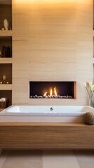 Wall Mural - Modern bathroom interior with a bathtub and fireplace, featuring warm beige and brown tones, perfect for a relaxing spa experience. 
