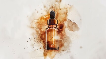 Sticker - Natural Organic Serum Bottle in Brown Watercolor on White Background