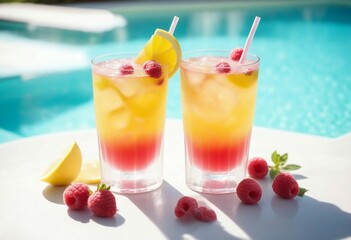 Wall Mural - Spring or summer refreshing cold cocktail with berries and lemon, raspberry lemonade. near the pool