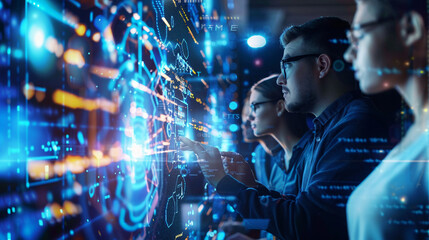 a team of analysts reviewing ai-driven security alerts. technology ai