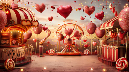 Red and gold carnival with heart shaped balloons for romantic Valentine's Day celebration. 
