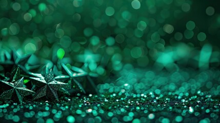 Wall Mural - A deep green glitter background with emerald star confetti, offering a rich and luxurious backdrop with ample copy space, ideal for a high-end jewelry advertisement or exclusive event.