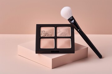 A makeup kit with a brush and a palette of four different shades of eyeshadow