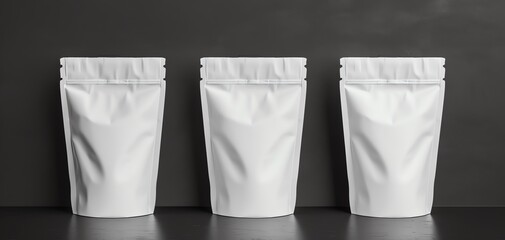 Three white stand-up pouches on a black background, ideal for packaging design, branding, or product display. Clean and minimalistic.