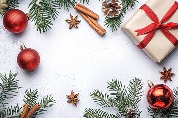 Wall Mural - A Christmas tree with red and green decorations and a white background