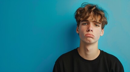 Wall Mural - Portrait of an unhappy young man , blue color background, with copy space