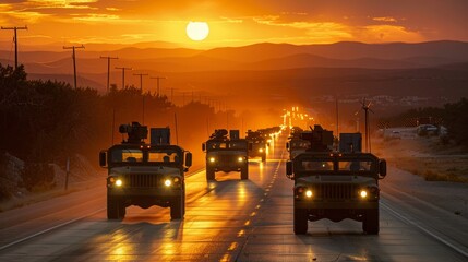 Military vehicles driving on a road during sunset