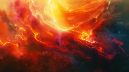 Wall Mural - Colorful digital artwork of a nebula with swirling red and orange hues against a starry sky background.