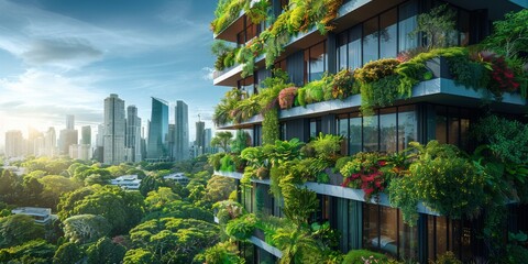 Wall Mural - Vertical garden building in modern cityscape with lush greenery and high-rise buildings