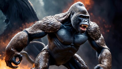 Wall Mural - ai generated illustration of a fierce, muscular gorilla with scaly skin