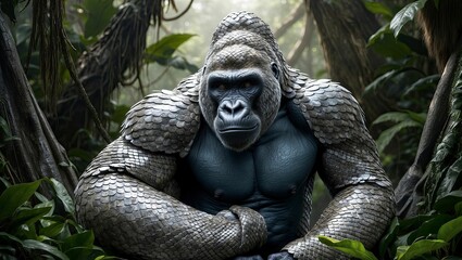 Wall Mural - ai generated illustration of a gorilla with scales in a lush jungle setting