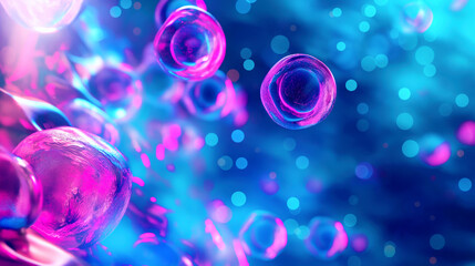 Poster - Vibrant abstract image of glowing, floating bubbles in a surreal blue and pink neon environment.