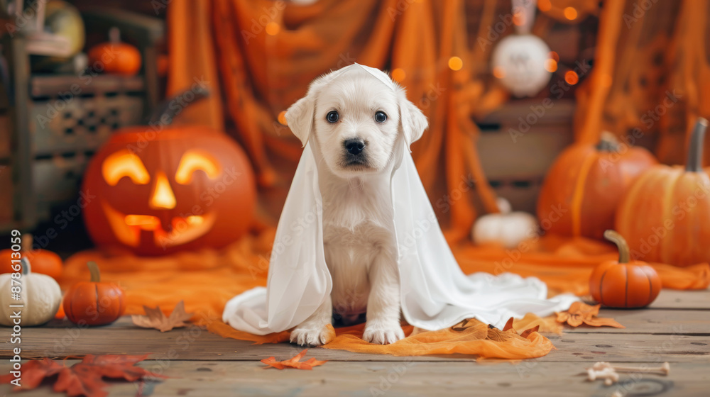 Lovable puppy in a white ghost costume, posing for a Halloween photo ...