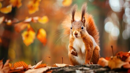 Wall Mural - Red Squirrel in Autumn Foliage