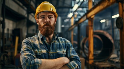 Wall Mural - Waist up portrait of bearded factory worker wearing hardhat looking at camera while standing in workshop