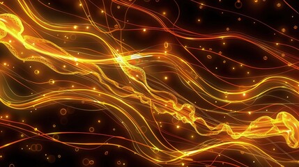 Wall Mural - A fluid design of glowing yellow-orange lines and circles that simulate the abstract beauty of underwater marine life bioluminescence, with patterns resembling jellyfish tentacles.
