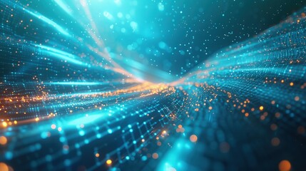 Wall Mural - A futuristic abstract scene with an intense blue background populated by small, bright glowing particles, suggesting a dynamic flow of energy in a high-tech environment.