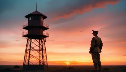 Poster - silhouette of a soldier standing guard next to a watchtower, dramatic sunset view
