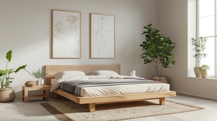 Wall Mural - Simple wooden bed and botanic prints in minimalist interior