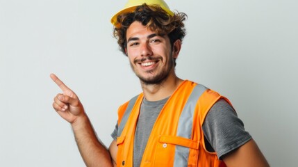 Wall Mural - Young hispanic worker man isolated on white background pointing to the side