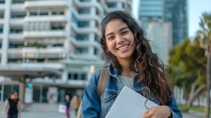 Wall Mural - Young latin student girl smiling happy holding folder at the city