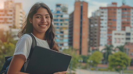 Wall Mural - Young latin student girl smiling happy holding folder at the city