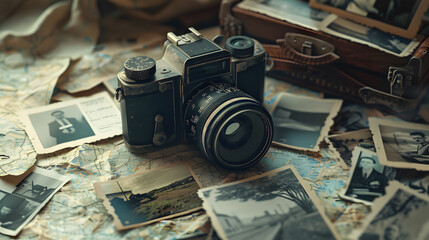 A silver Old camera sits on a wooden table, The camera is black and silver,