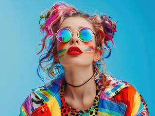 portrait of young teen LGBTQ women with colorful rainbow color theme, fashionable hair style, wearing round chrome vibrant reflect sunglasses, patterned jacket