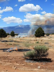 Wall Mural - A photo of the New Mexico desert with smoke rising in distance, small fire on ground near plants, mountains visible far away, blue sky, photo taken from side angle