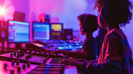 Two young people working on a music project in a recording studio with colorful lighting.