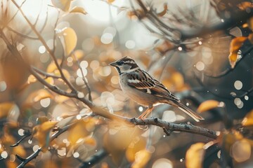 Wall Mural - A small bird is perched on a tree branch, Birds flitting between branches