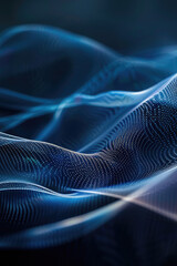 Modern shiny blue black moving neon lines on dark background. Glowing wave on a dark background. Neon wave. Futuristic background. Texture of silk fabric in the form of a wave. Copy space.