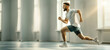 © gearstd - A man dressed in athletic gear jogs inside a well-lit building, focusing on his exercise routine, showcasing physical fitness, indoor workout spaces, and determination.