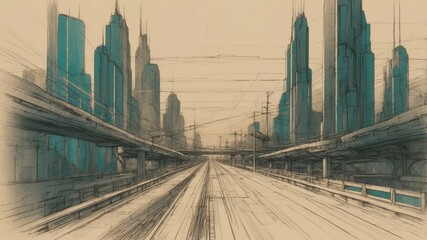 Wall Mural - Futuristic retro style sketch illustration cityscape style