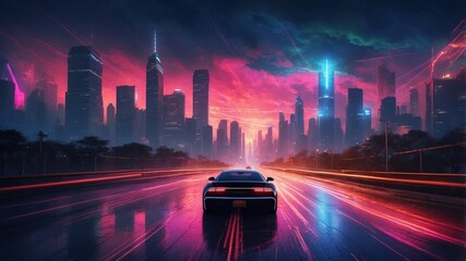 Wall Mural - Illustration synth retro style car in night city