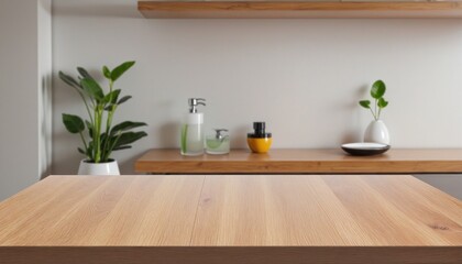 Wall Mural - Clean and modern empty wooden table top with a blurred bathroom interior background for product display