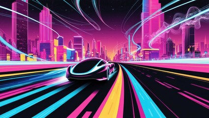 Wall Mural - Illustration neon road, speedy car and cityscape